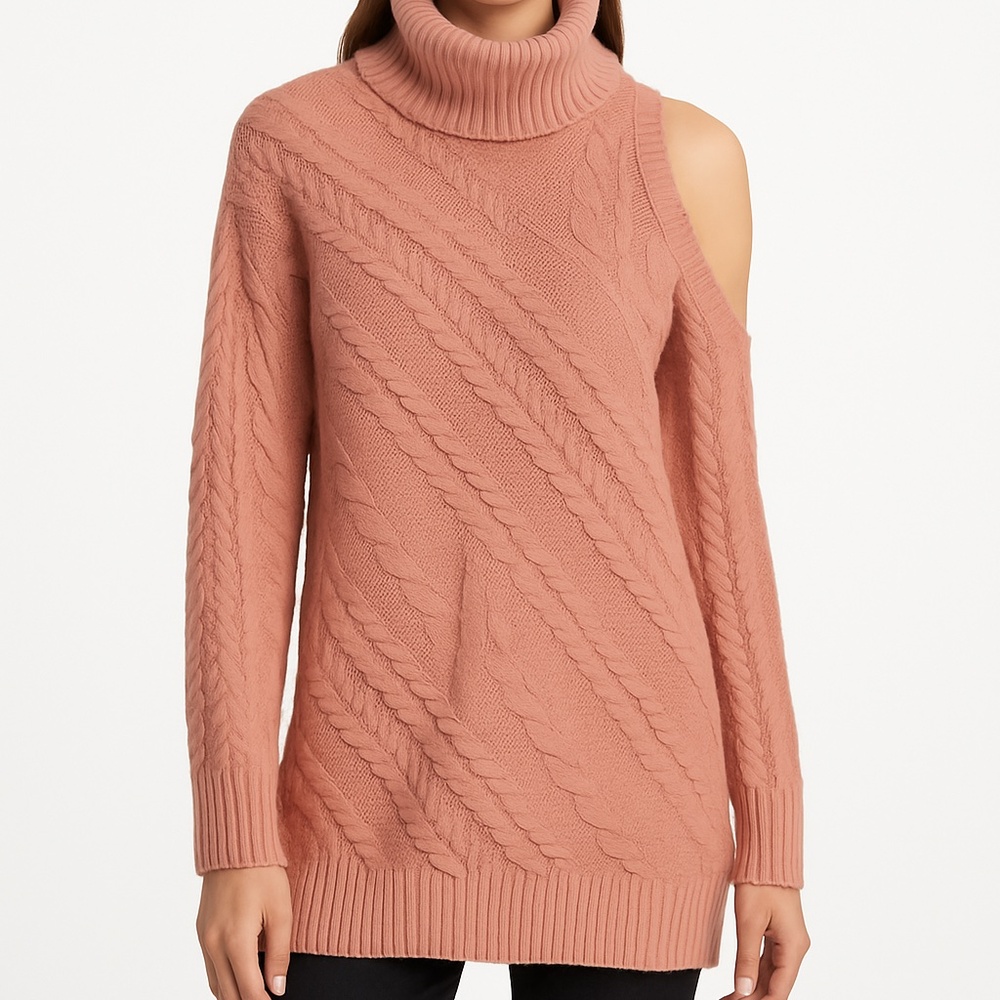 BCBGMAXAZRIA Cable Knit Cutout Turtleneck Sweater – Dusty Rose – Size M – NWT